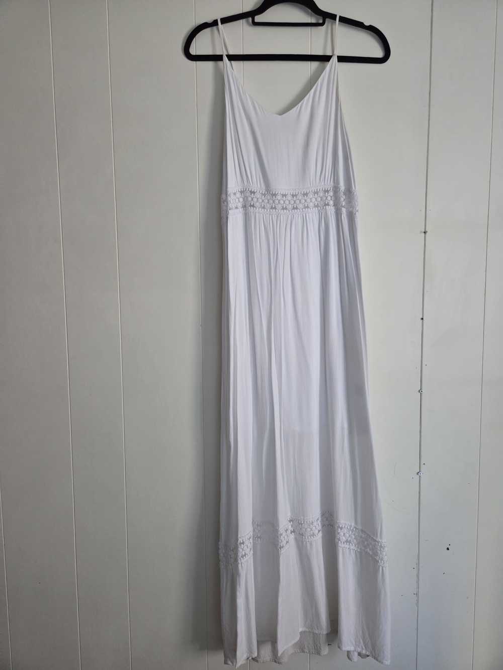 Kismet White Maxi Spaghetti-Strap Dress with Crochet Detail